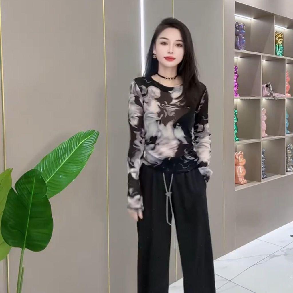 European Mesh Ink Print Slim Long-Sleeve Women's Shirt - Retro, Versatile, Fashionable, for Spring & Autumn