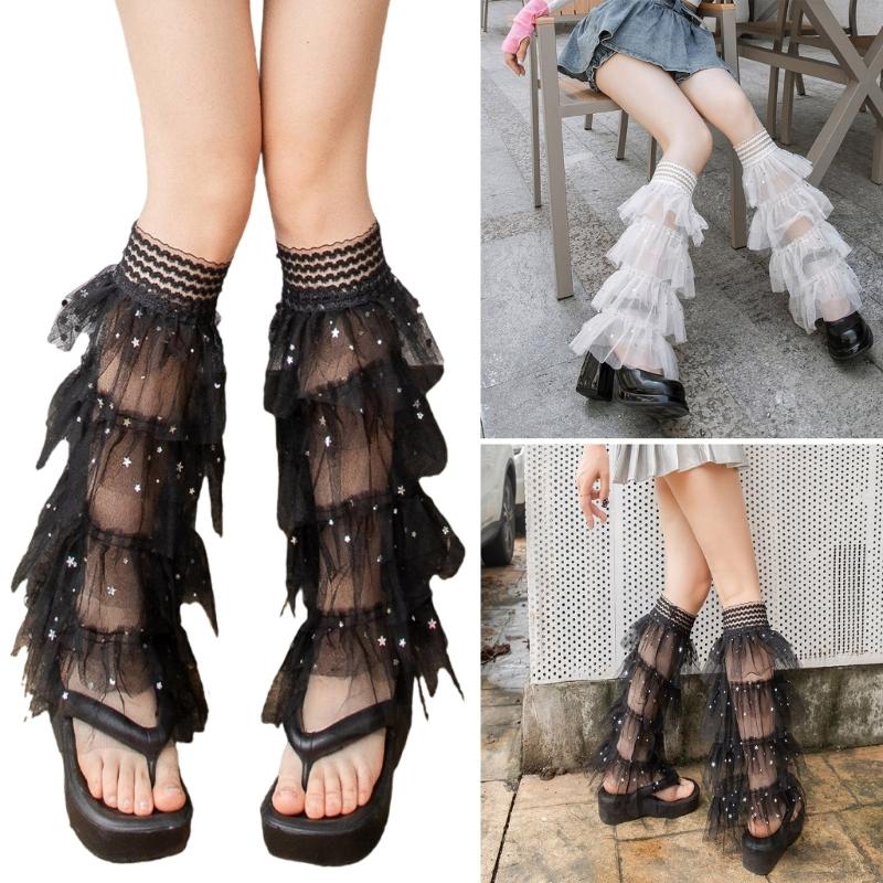 Women Tiered Ruffle Lace Leg Warmers Sweet Thigh High Leg Socks Baggy Cuffs Ankle Heap Socks Mesh Flared Leg Sleeves