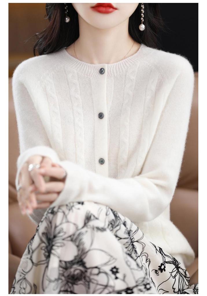 Women's Spring Cashmere Cardigan - Round Neck, Solid Color, Cable Knit, Loose Fit, 100% Pure Wool Sweater