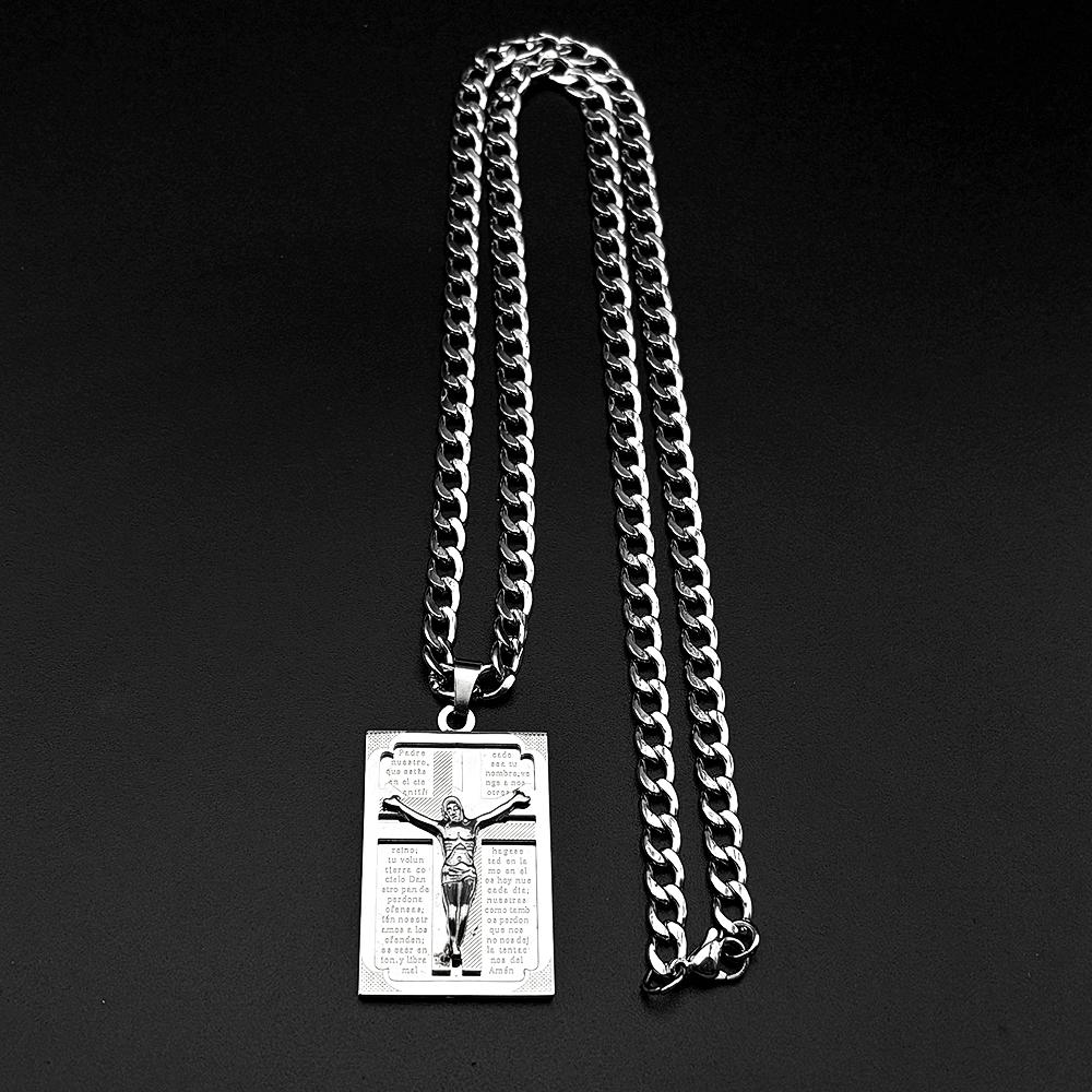 Spanish Lord's Prayer Crucifix Jesus Christ Pendant Necklace for Women Men Stainless Steel Silver Color Hip Hop Chain Jewelry