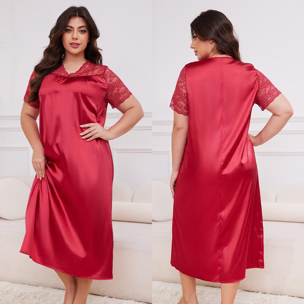 New Hot Plus Size Women's Ice Silk Short Sleeve Pajamas - Loose Casual Nightgown