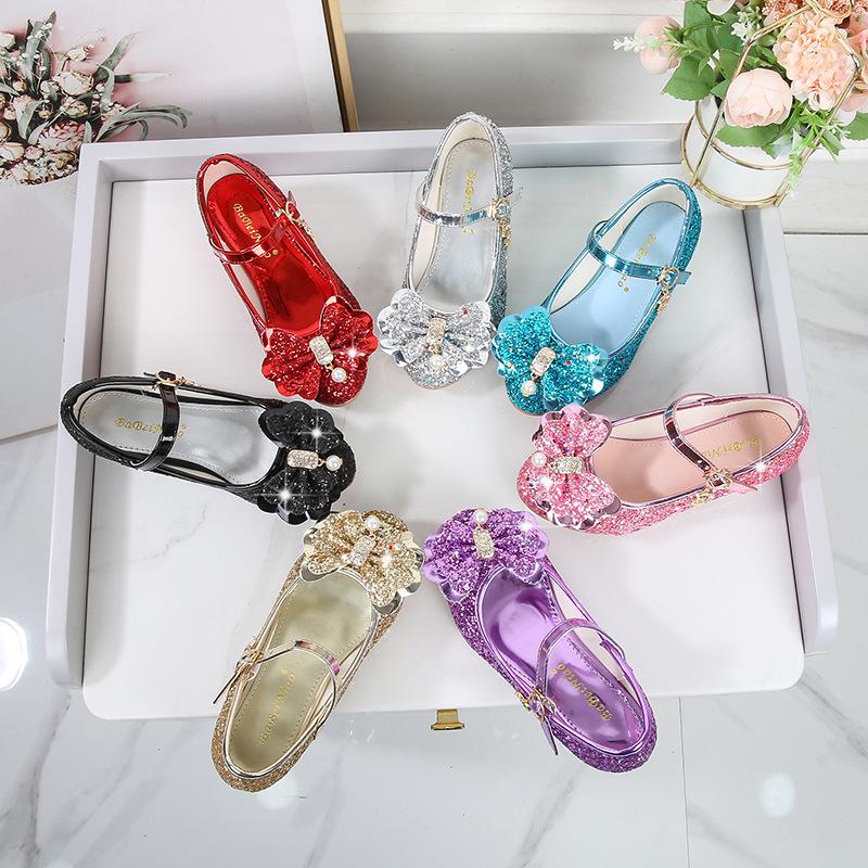 Sapatos de Salto Alto de Couro para Meninas com Laço de Strass - Modelo Princesa de Cristal Primavera 2025