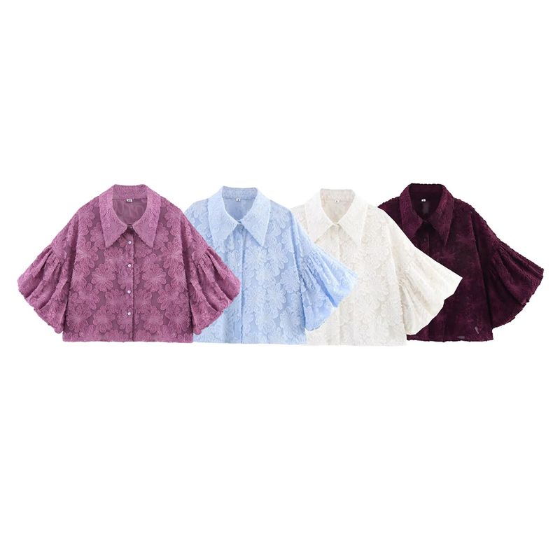 Kaslead New Arrival Women's Clothing Fashion Style Fashion Elegant Texture Cut Flower Lapel Puff Sleeve Shirt