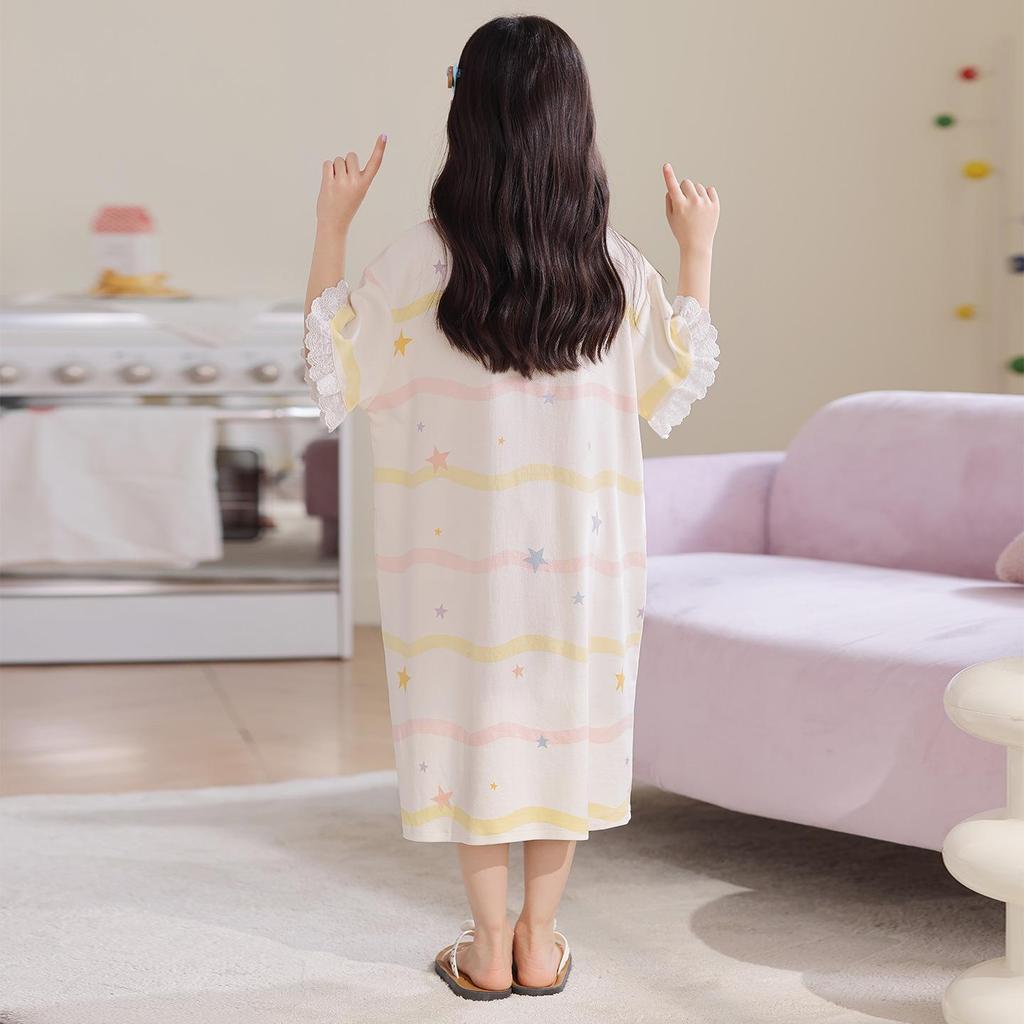 Girls' Summer Cotton Pajama Dress - Short Sleeve Princess Nightwear for Children 81132