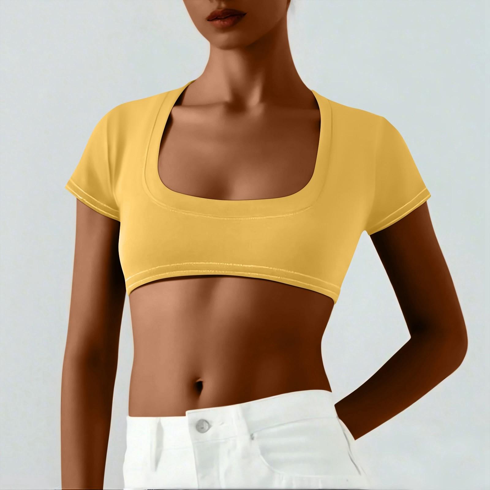 

Женская однотонная футболка с короткими рукавами за два юаня, симпатичная сексуальная укороченная футболка с короткими рукавами S жёлтый