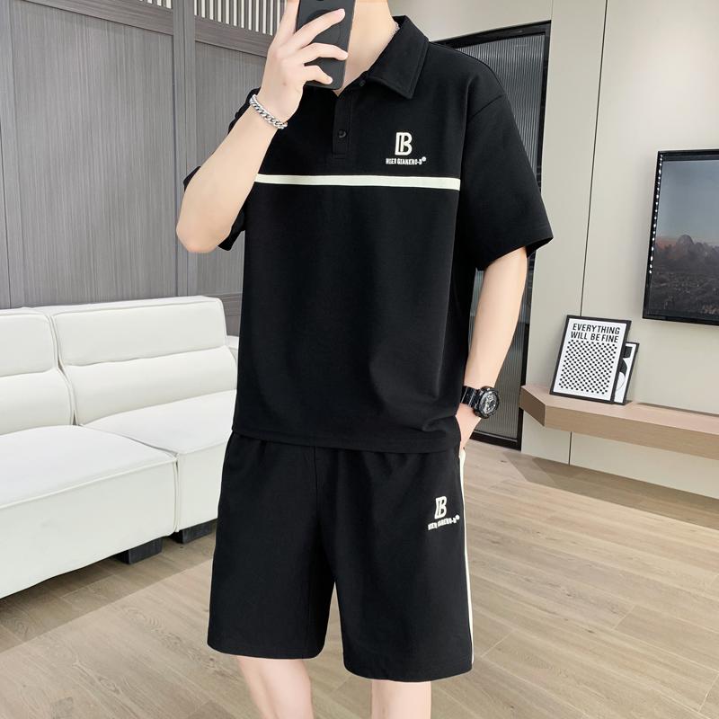 Short-sleeved T-shirt Lapel POLO Shirt Shorts Suit Men's Quarter Pants Thin Breathable Ice Silk High-quality Two-piece Set