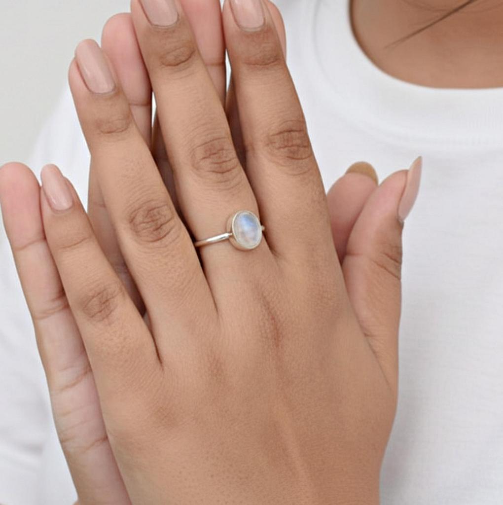 Rainbow Moonstone Oval Statement Ring, 925 Sterling Silver Jewelry, Minimalist Boho Stacking Ring for Women