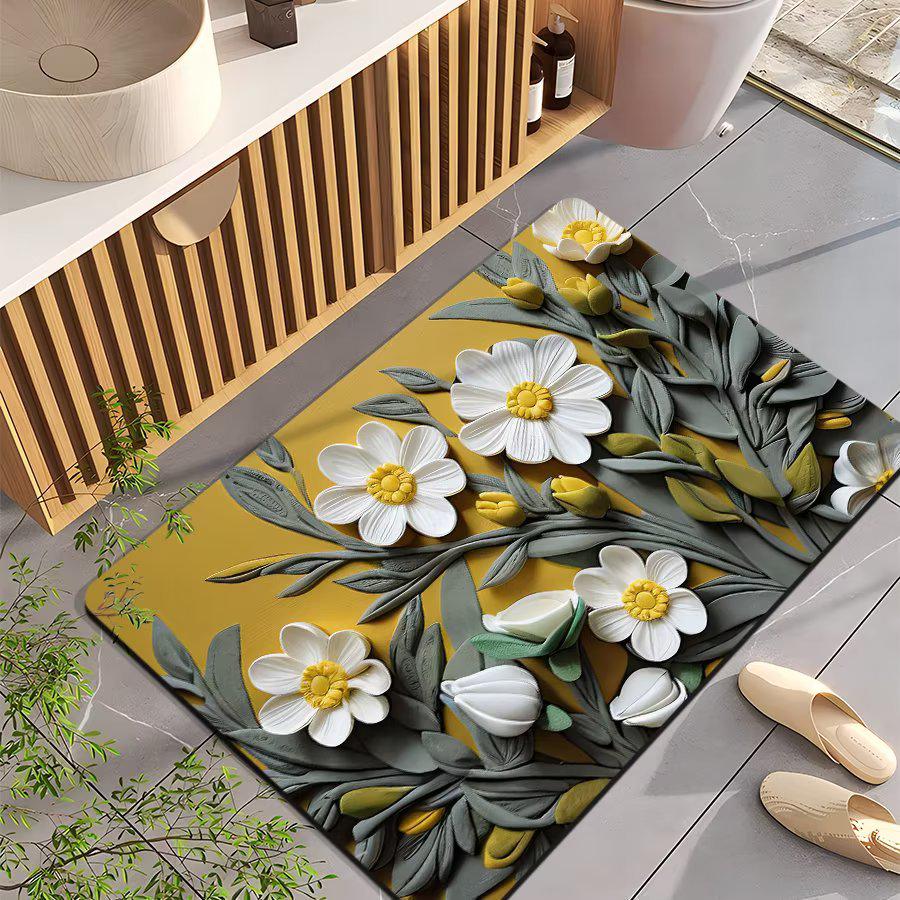 3D Floral Diatomaceous Earth Bath Mat - Absorbent, Quick-Dry, Stain & Wear Resistant Doormat