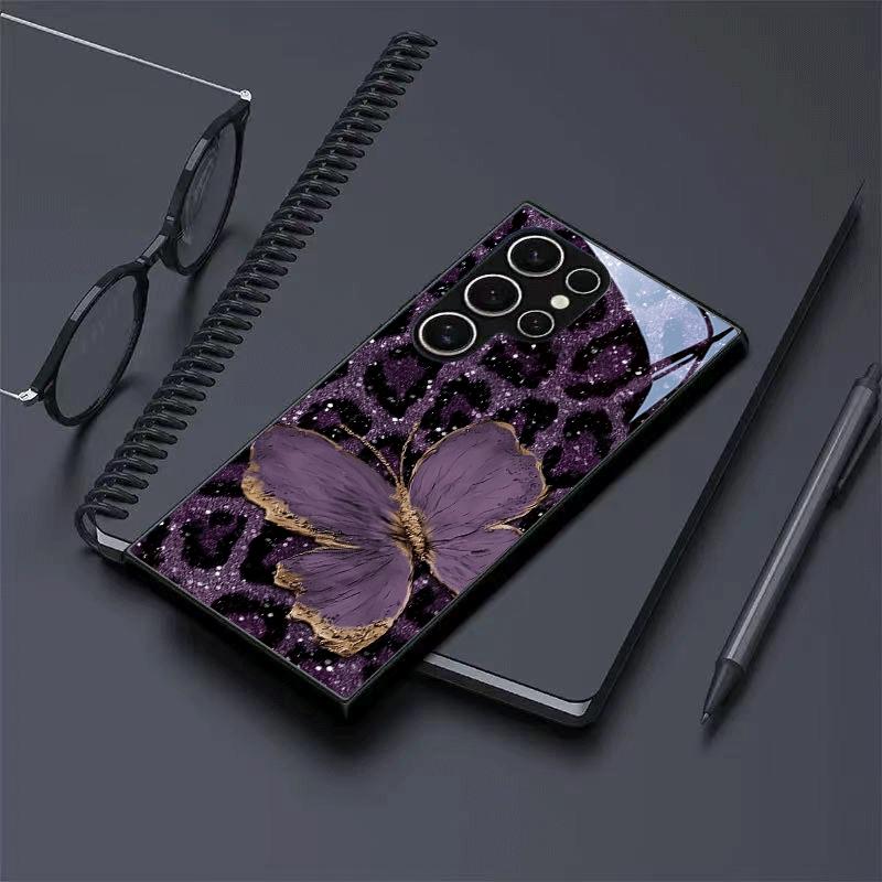 Etui na telefon ze szkła hartowanego z motywem motyla lamparta, pasujące do Samsung Galaxy S26 S25 S24 S23 S22 S21 S20 FE/Ultra/Plus, odporne na upadki