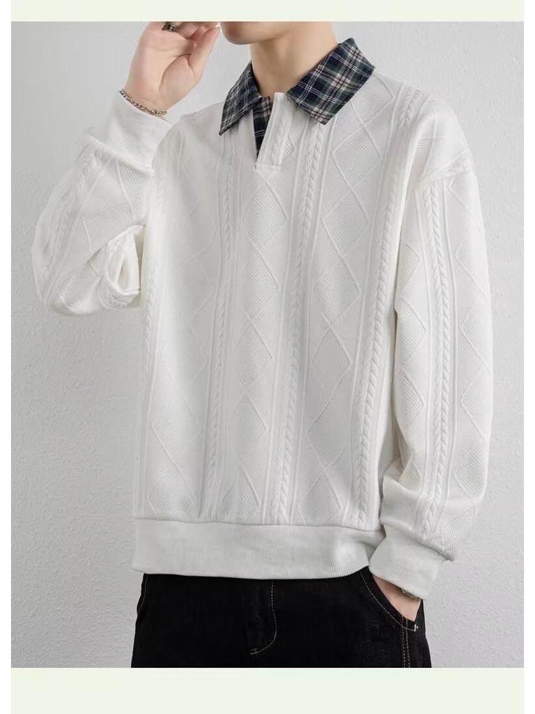 Men's Trendy Textured Hooded Sweatshirt and Jacquard Lapel Polo Shirt - Youth Casual Spring/Autumn Style