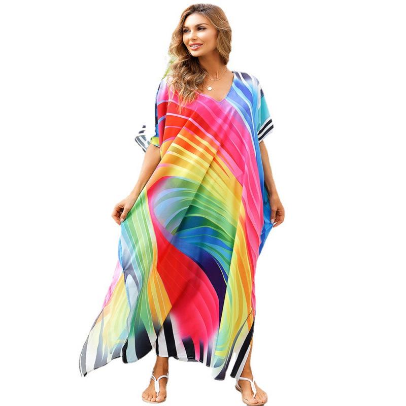 Rainbow Stretch Beach Dress: Colorful Cover-Up for Seaside Vacations & Bikini Sun Protection (5D30)