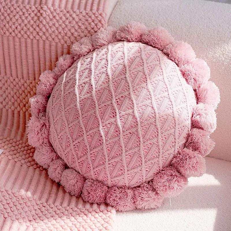 Home Decoration Knitting Cushion Cover Mint Green Tassel Pillowcover Modern Sofa Living Room Waist Pillow Bed Head Round Pillow