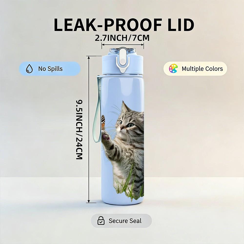 1PC Grey Tabby Kitten Cat Animal Print 750ml Color Plastic Sports Water Bottle Leakproof Flip Straw Lid Suitable for Sports Office Home Use