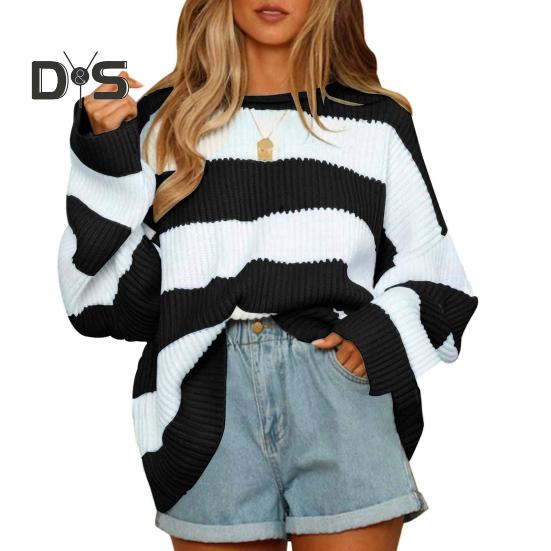 Women Pullover Sweater Wide Striped Color Block Crew Neck Long Sleeve Ribbed Cuffs Oversized Sweater Casual Knitwear