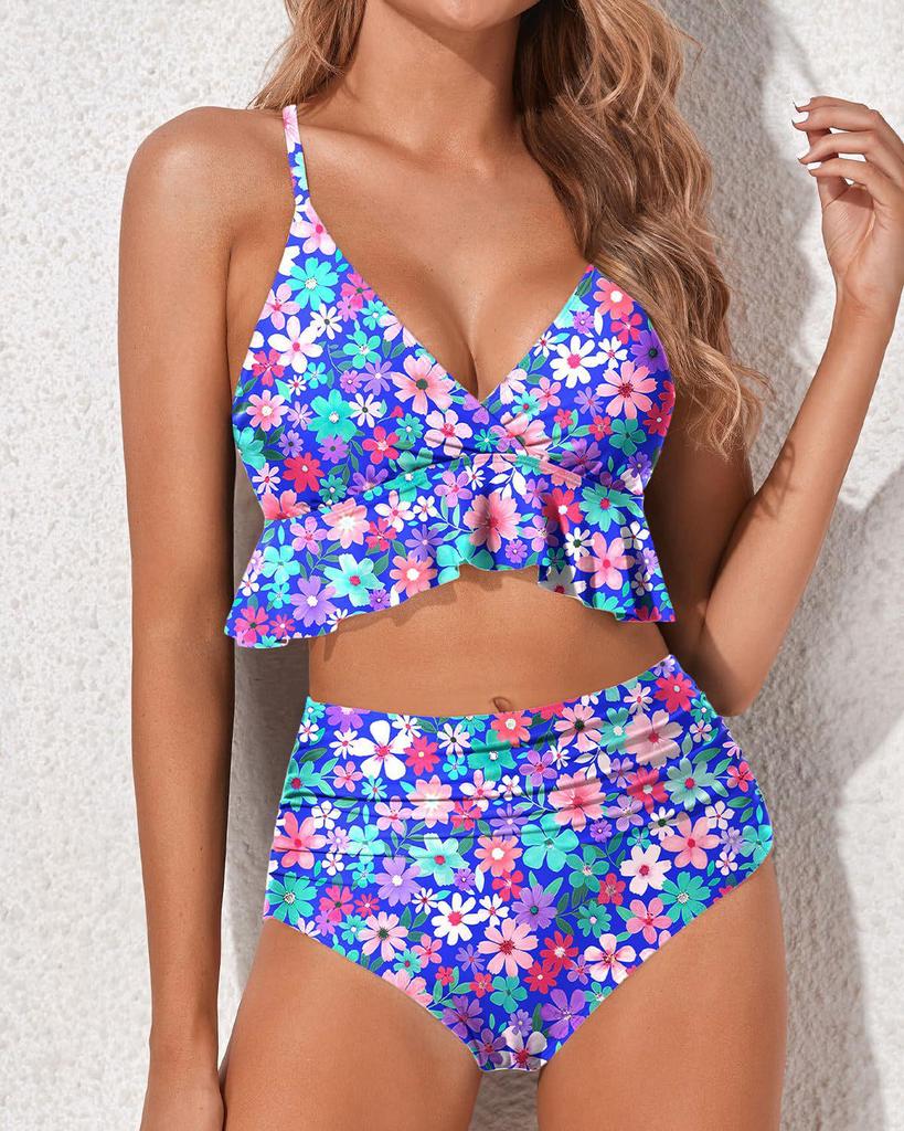 Einfarbiger gerüschter High-Waist Zweiteiler Badeanzug - 2025 Neuer Stil Bikini Bademode