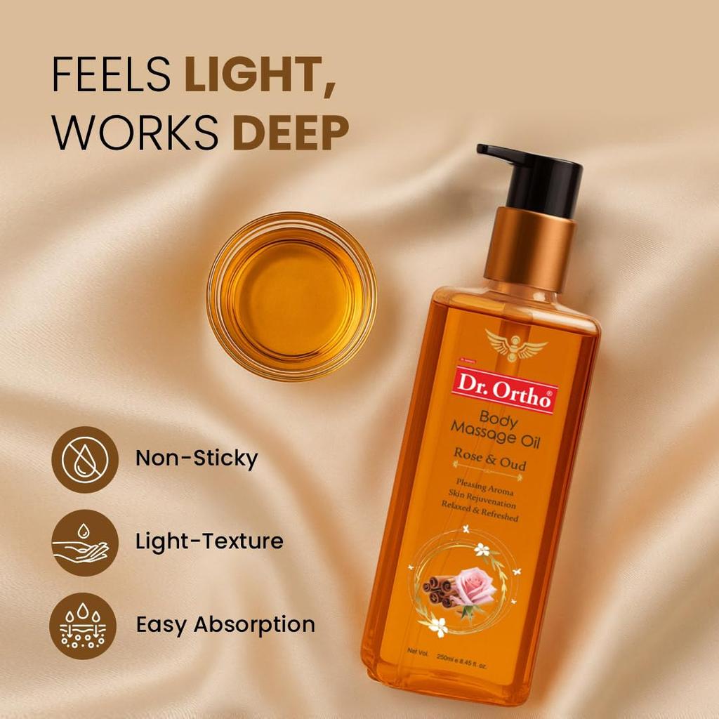 Dr.Ortho Rose & Oud Body Massage Oil 250ml Pack of 1 | Relaxing Aromatic Oil for Muscles & Skin