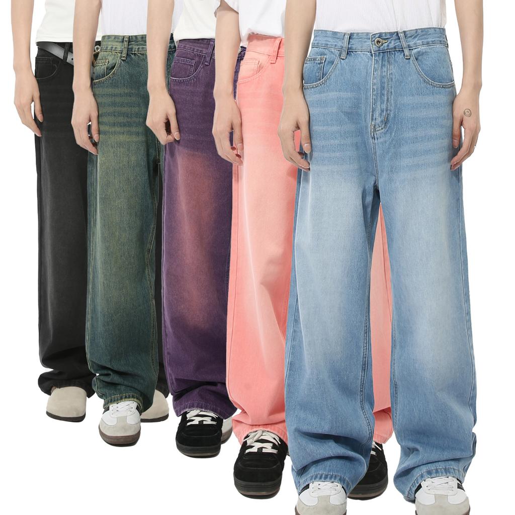 Men's Clothing | Autumn, American Simple Basic Straight Loose White Washed Denim Trousers Casual
