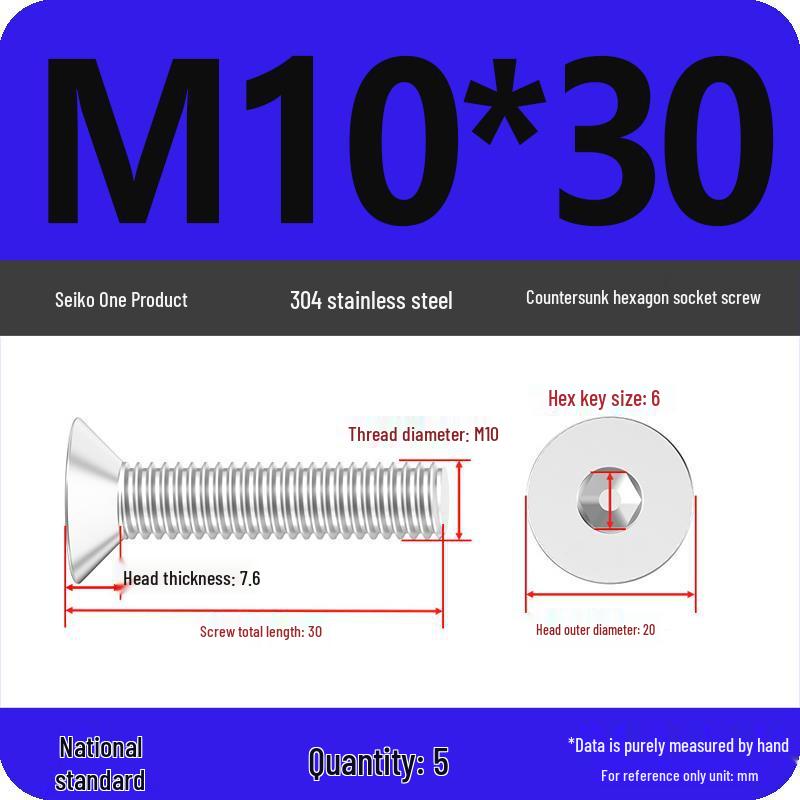 M2-M10 Stainless Steel Flat Head Machine Screws and Bolts Set, Countersunk Hex Socket Cap, 304 Grade.