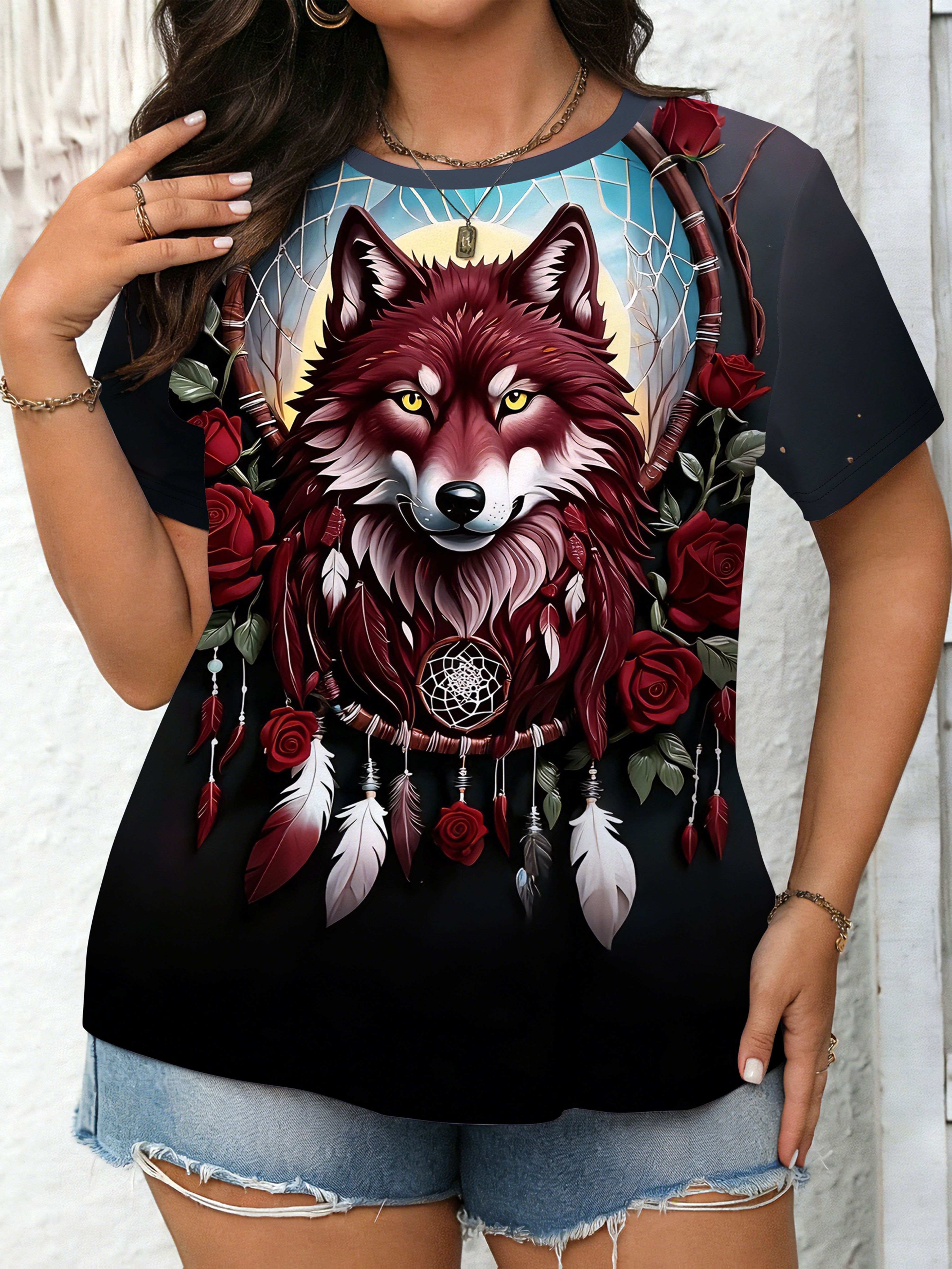 

Women S Bohemian Rose And Wolf Pattern T-Shirt - Design Soft Round Neck Short Sleeve Top. SpringSummer Machine Washable Casual Fashion Style 3XL дубильная кора