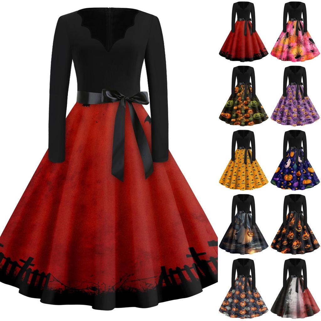 Women's Long Sleeve V Neck Vintage Style Dress with Halloween Print Casual Retro Fit and Flare Midi Dress with Waist Tie for Everyday Wear
