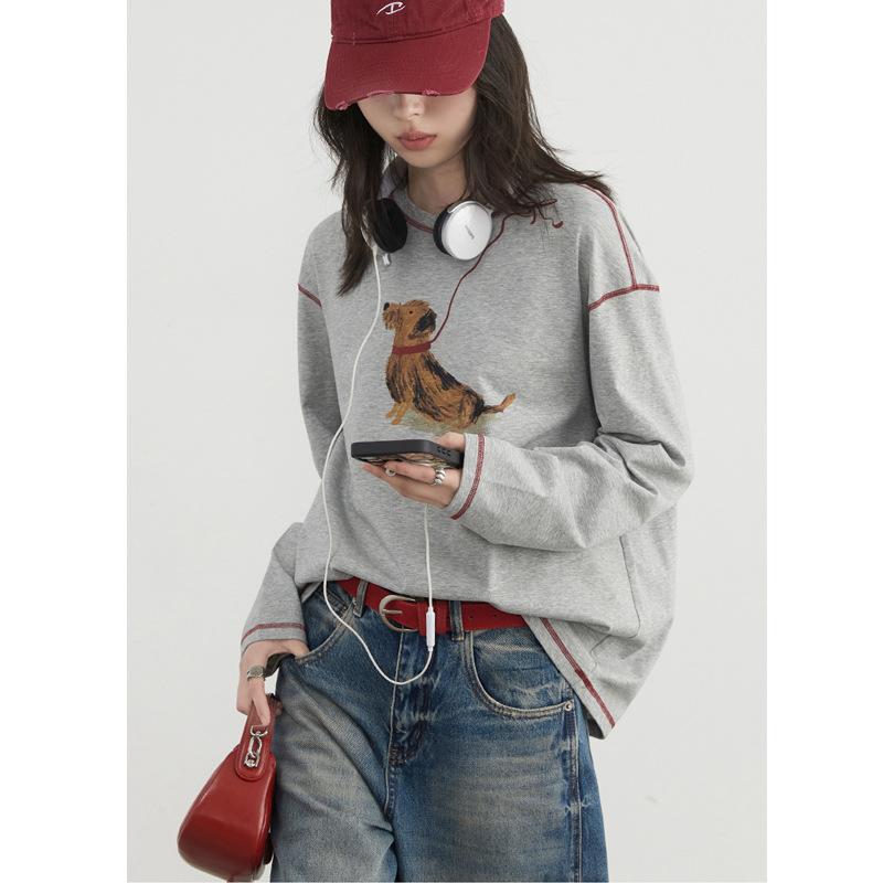 American retro puppy print long-sleeved T-shirt women s new pure cotton autumn loose lazy style gray top M серый