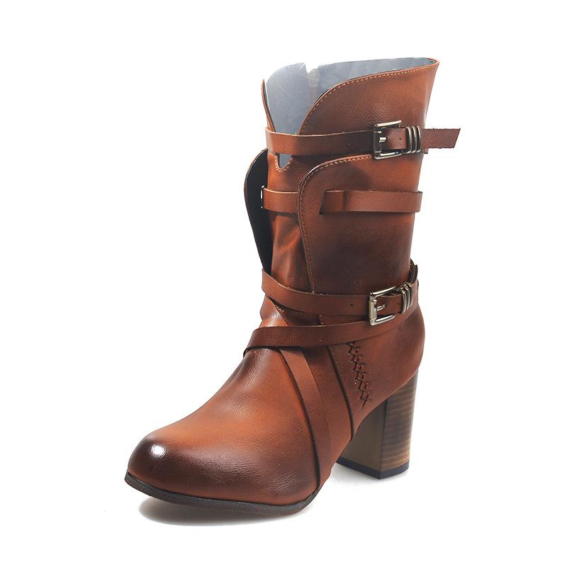 2021 Autumn/Winter Plus Size Chunky Heel Lace-up Women's Leather Boots