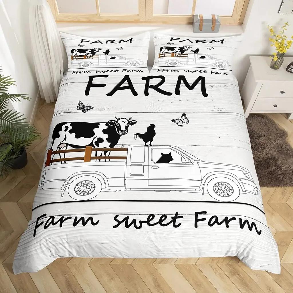 Milk Cow Duvet Cover Set Pink White Cow Strawberry Pattern Comforter Cover Bedding Set for Girls Kawaii Milk Cow Qulit Cover Set