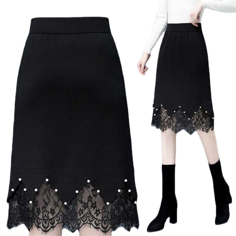 Lace Skirt Thickened Knitted New Autumn/winter High Waist Step Skirt Versatile Black A-line Skirt Wholesale