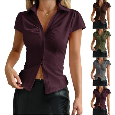 Women's Fashion Sexy Button Solid Color Short Sleeve Blouse Bodycon Top
