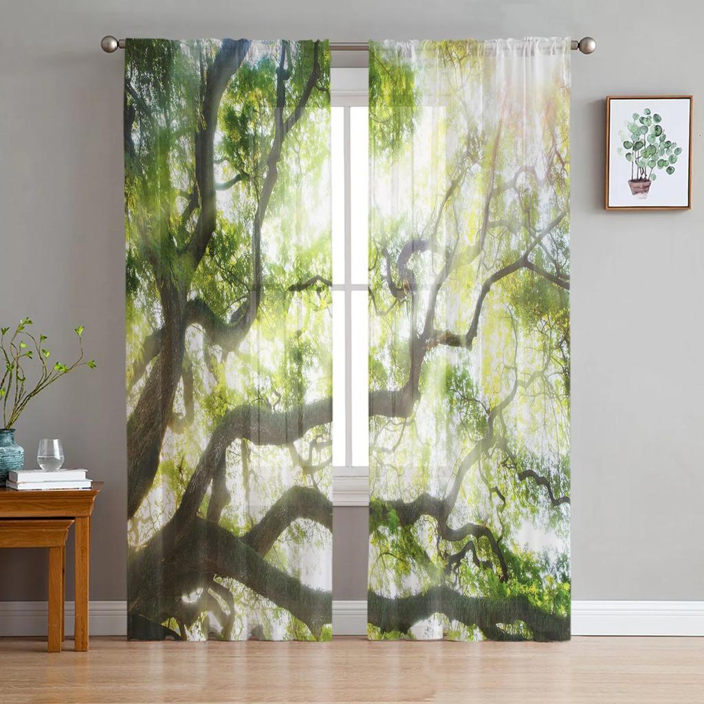 Light Filtering Green Branches Plant Leaves Tulle Curtains Living Room Bedroom Decoration Transparent Chiffon Voile Window Curtain Polyester Washable