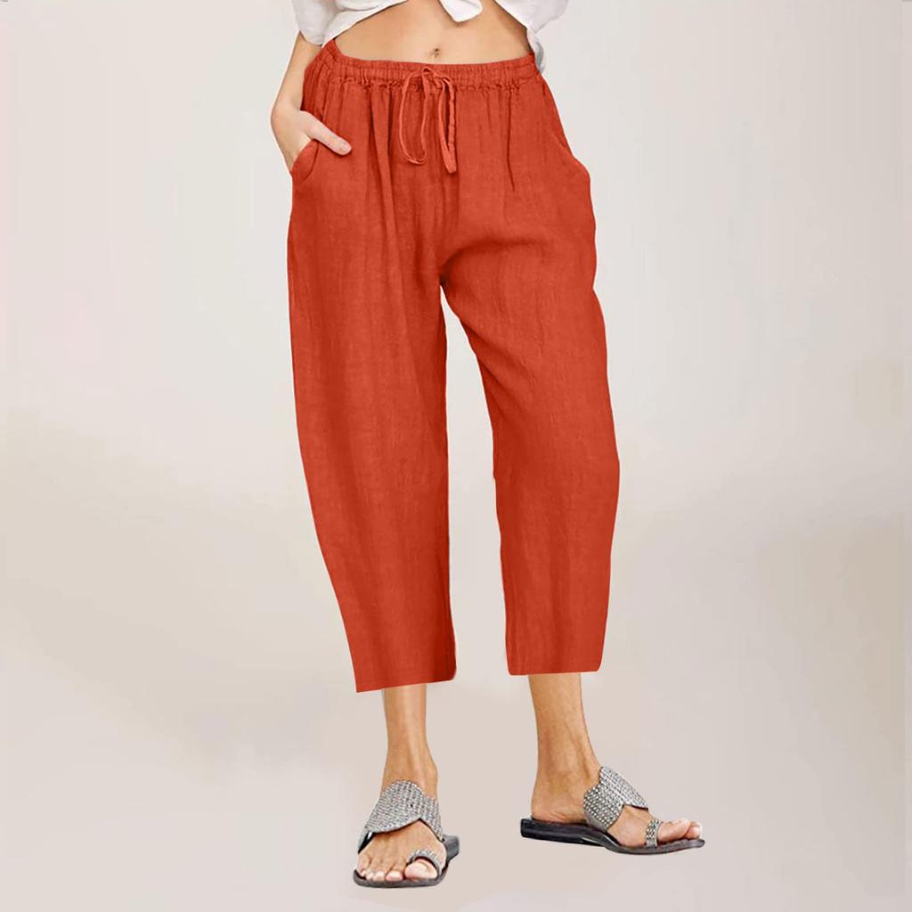 Women Casual Pants Solid Cotton Linen Drawstring Elastic Waist Wide Leg Pants Cropped Trousers For Women