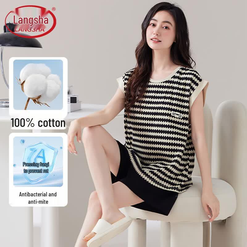 Langsash Women s Pure Cotton Vest Pajama Set M