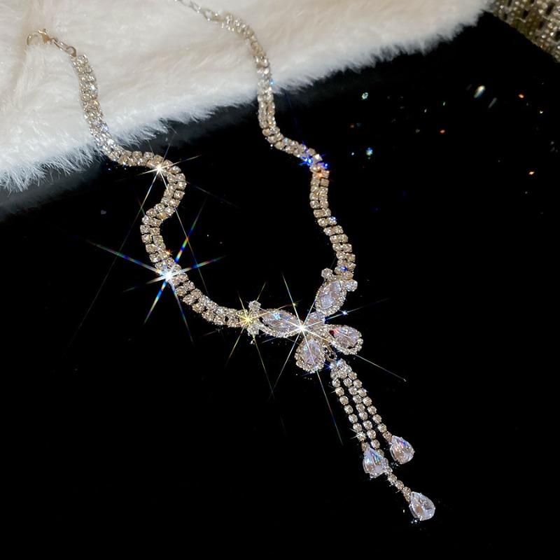Zircon Double Butterfly Tassel Necklace Earrings Elegant Versatile Jewelry Set Light Luxury High-end Jewelry Women