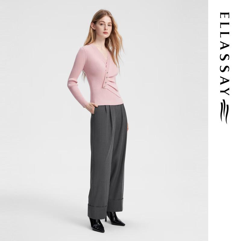 ELLASSAY Women's 2024 Autumn Merino Wool V-Neck Pleated Waist Knit Sweater