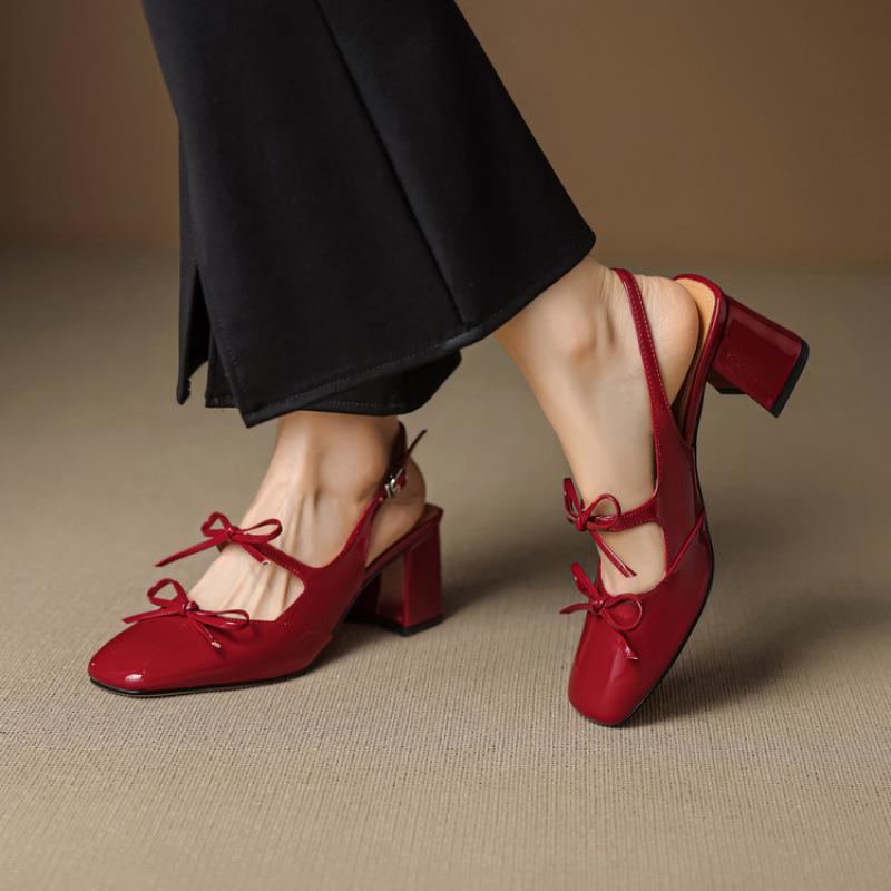 New large-size high-heeled sandals summer leather baotou sandals casual patent leather beef tendon soft sole rear empty sandals square heel