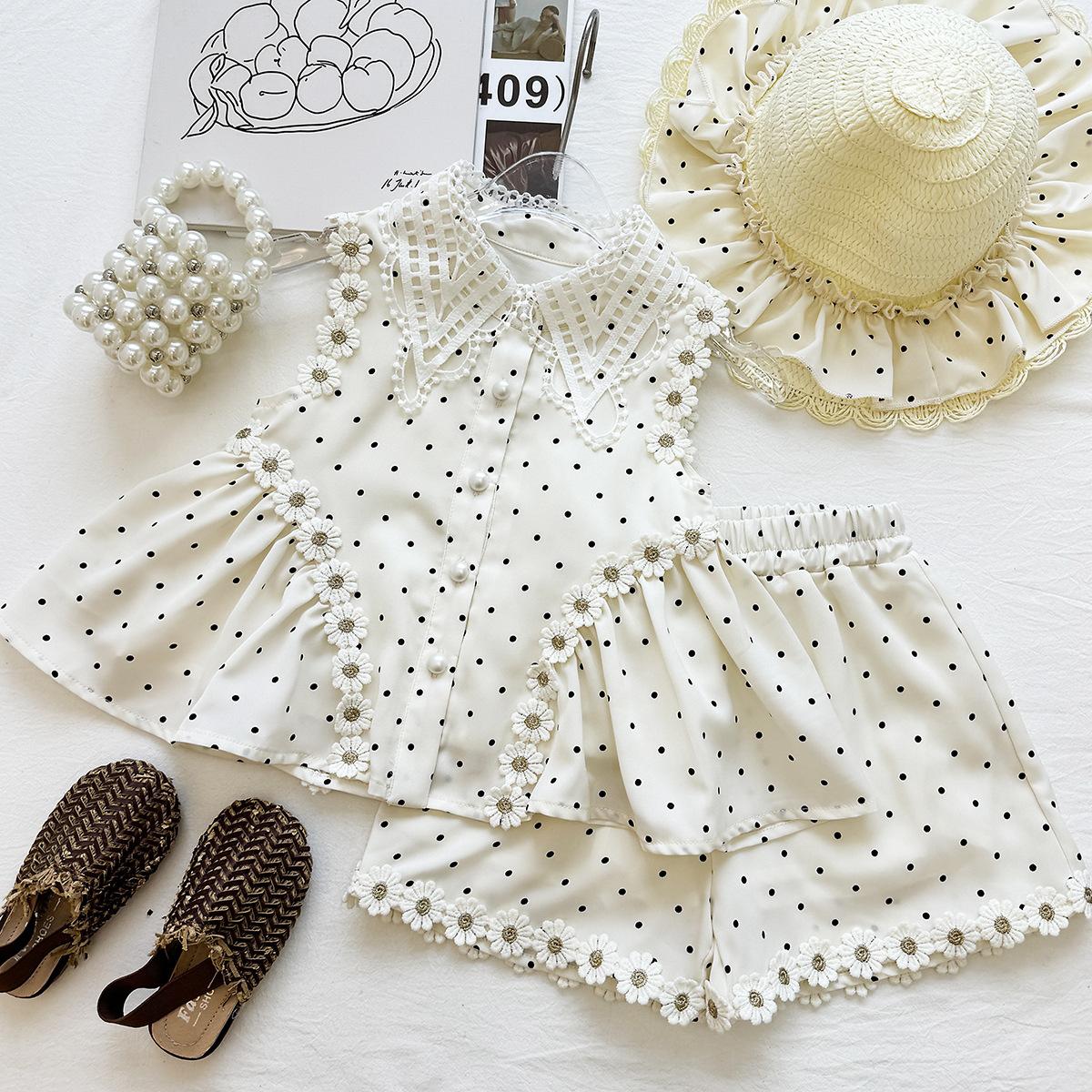 Girls Summer Lace Polka Dot Sleeveless Shirt And Ruffled Shorts Princess Two Piece Outfit Set For Kids 90cm