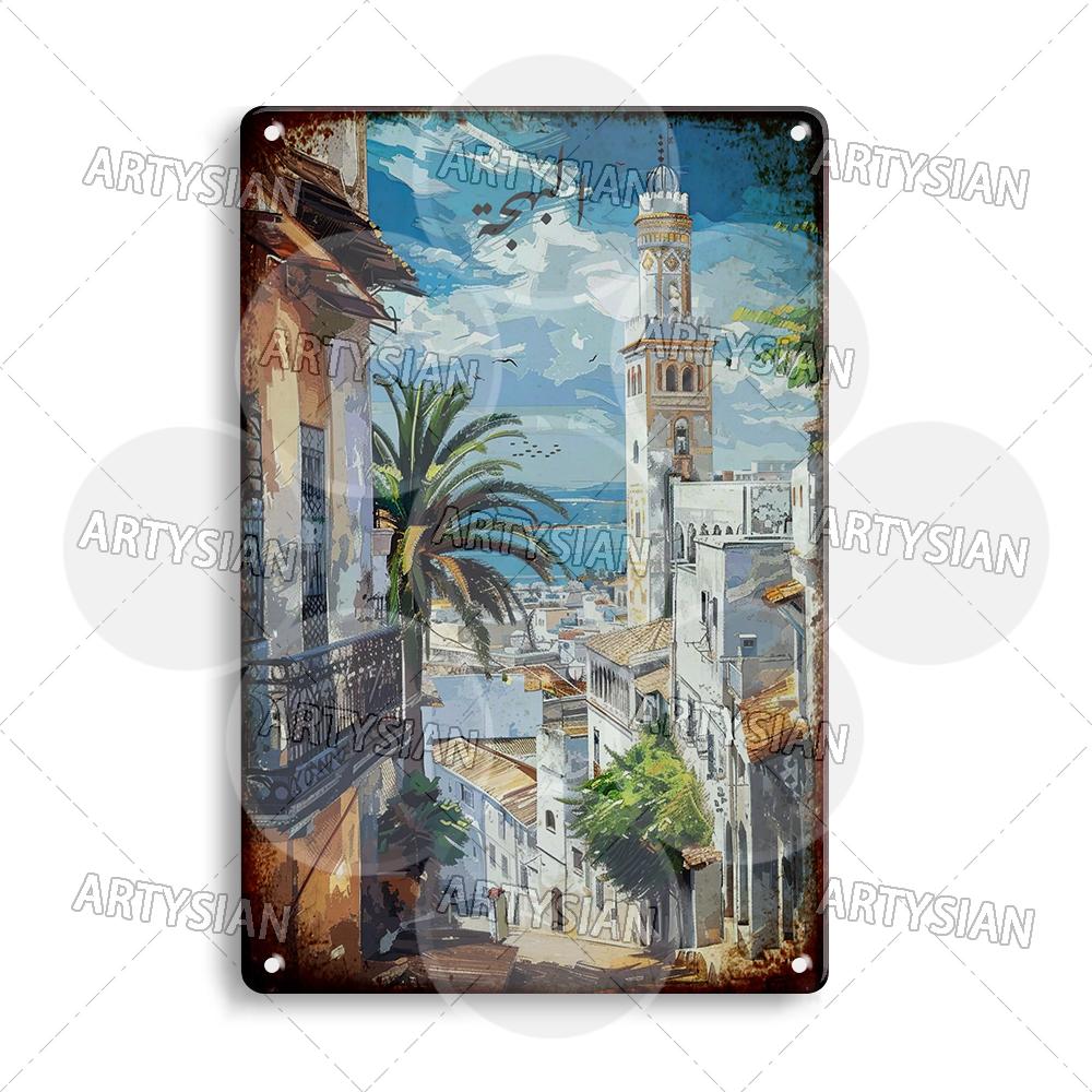 Maghreb Travel Cityscape Metal Sign Tunisia Alger Algeria Chefchaouen Morocco Marrakesh Oran Kabylie Hammamet Tunis Gafsa Plaque