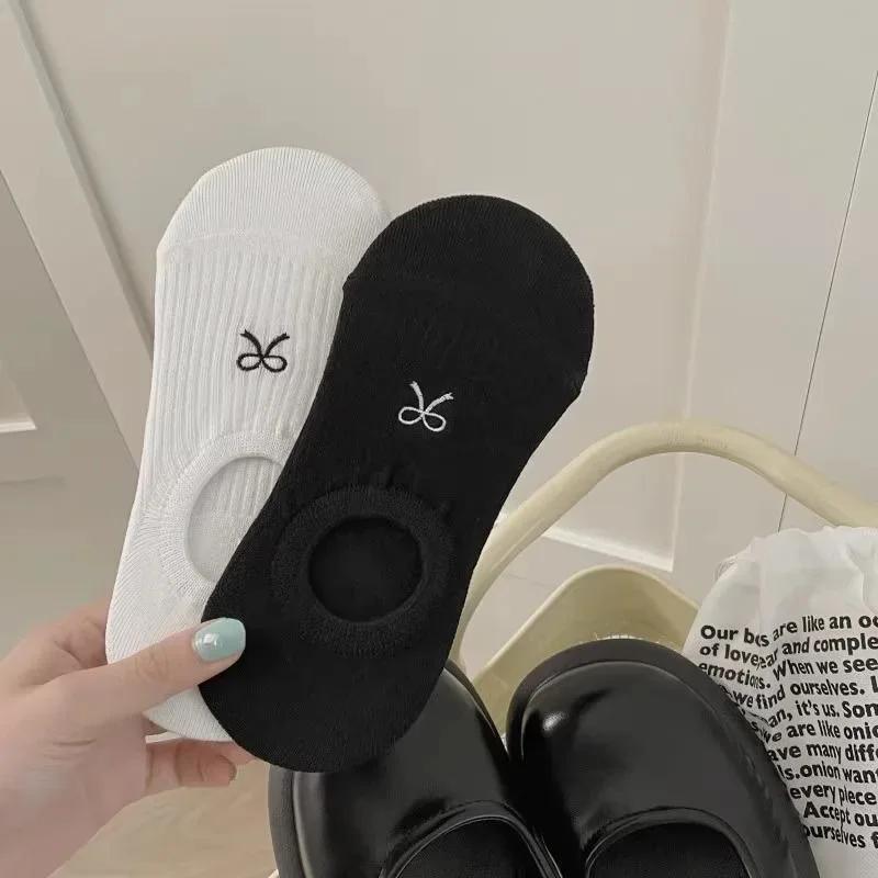 5 Pairs Women Ankle Socks Summer Bow Print Breathable Non-Slip Stay-Up Heel Trendy Korean Style  Fashion Casual Socks