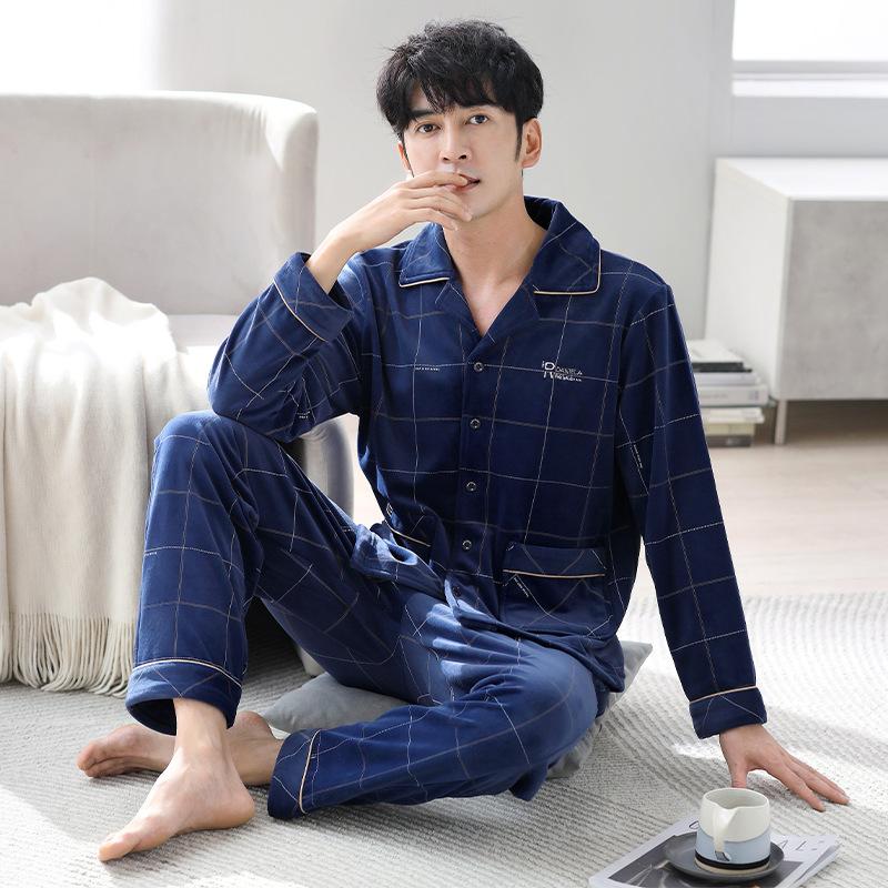 

Pajamas Men S Autumn And Winter Island Fleece Thin Long Sleeve Coral Fleece Loungewear Medium Dad Large Size Set XL