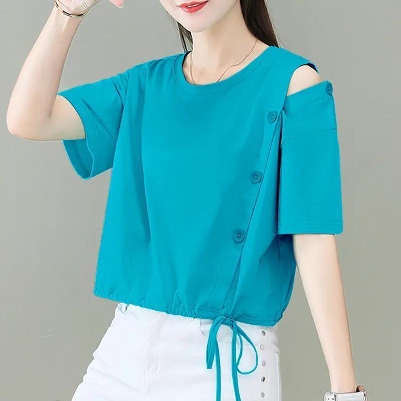 Short Loose Fitting T-shirt Women's Solid Color Summer High Waisted Short Sleeved Off Shoulder Top