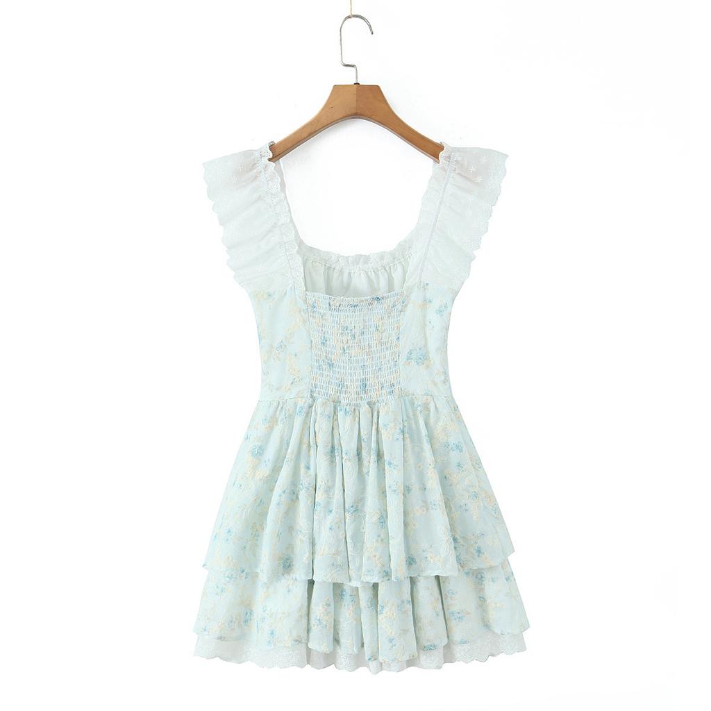 French sweet lace embroidered floral small flying sleeve dress women's summer daughter thin princess tutu skirt short skirt