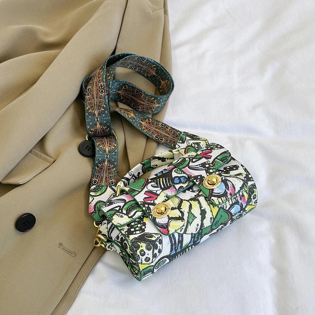 Animated Graffiti Bag for Women  Wide Strap  Small Shoulder Bag  Square  Crossbody  Phone Bag  Feminine Fashion  New Designer