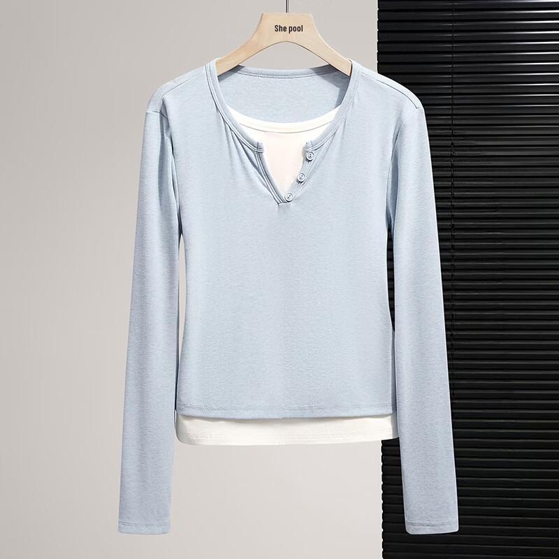 Women's Color Block Faux Two-Piece Round Neck Long Sleeve T-Shirt