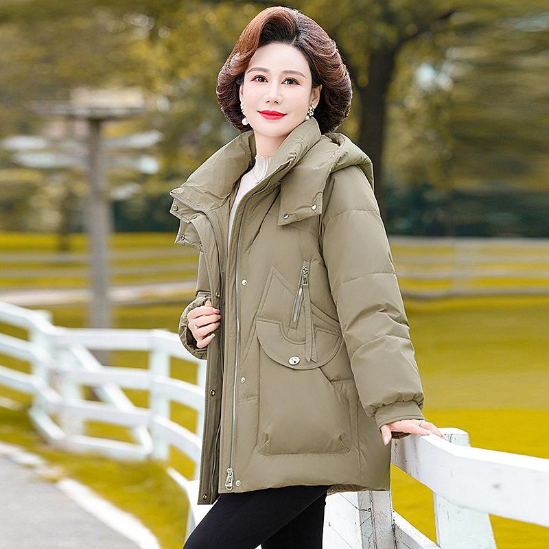 Down Jacket for Women Medium To Long Length Winter Thick and Warm Hooded Jacket for Middle-aged and Elderly Women