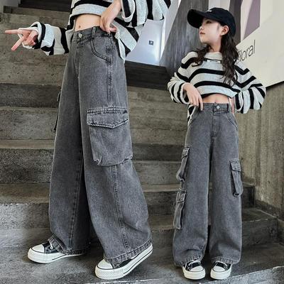 Teenage Girls Wide Leg Cargo Jeans Spring Autumn Fashion Kids Casual Denim Pants School Young Children Straight Baggy Trousers 15Y