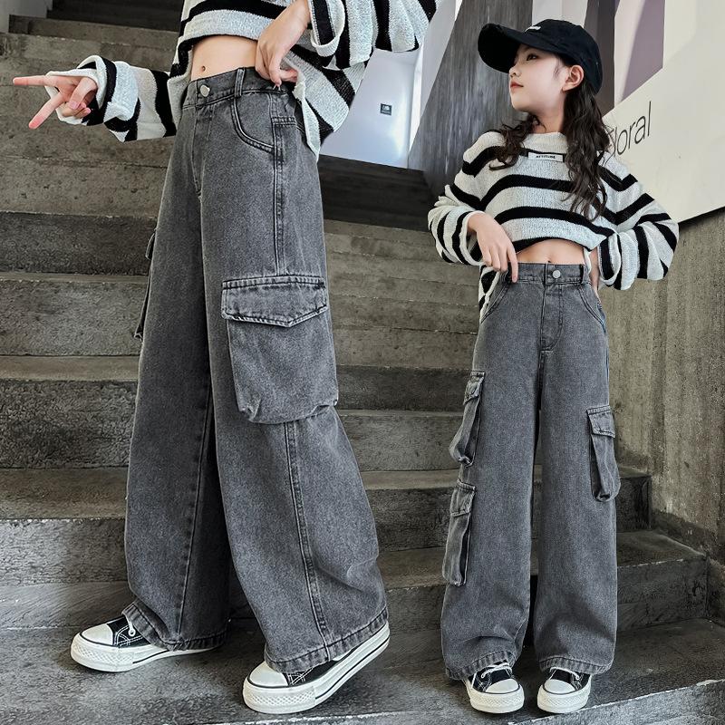 Pantalones vaqueros cargo de pernera ancha para adolescentes, moda de primavera-otoño, pantalones vaqueros casuales para niños, escuela, niños pequeños, pantalones rectos holgados, 15Y
