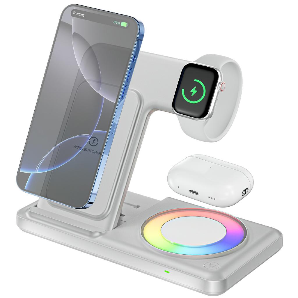 Q50D 4 in 1 Foldable Wireless Charger Dock 15W Fast Charging Station with RGB Ambient Light for Mobile Phone Apple Watch AirPods