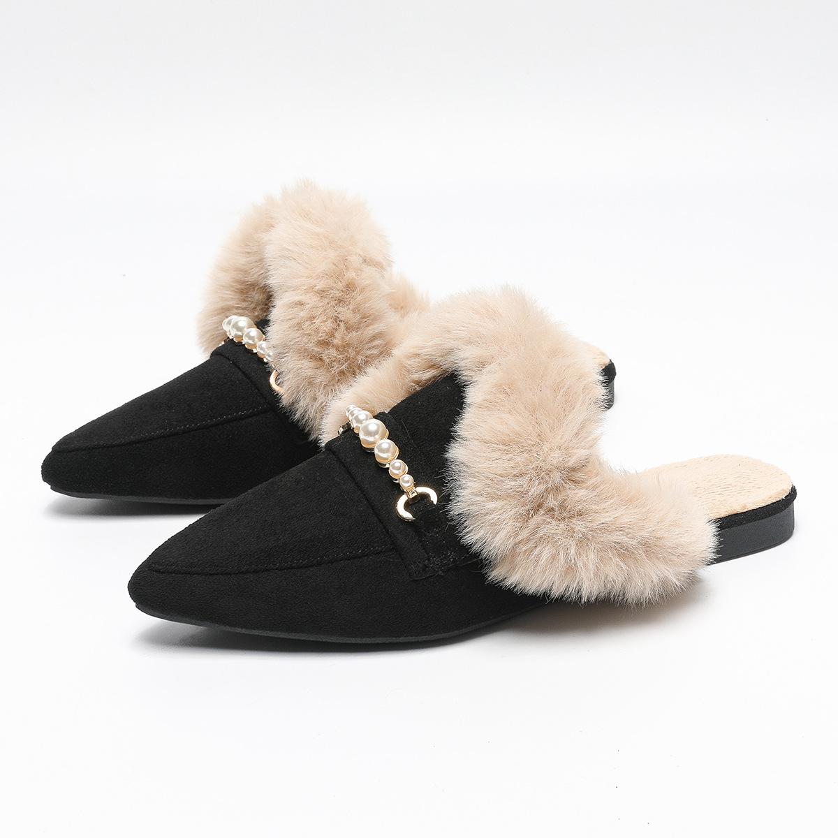 

Осенне-зимняя мода искусственная шерсть универсальная жемчужная пряжка остроносая уличное полуперетаскивание женские туфли большого размера с одной педалью 43 чёрный