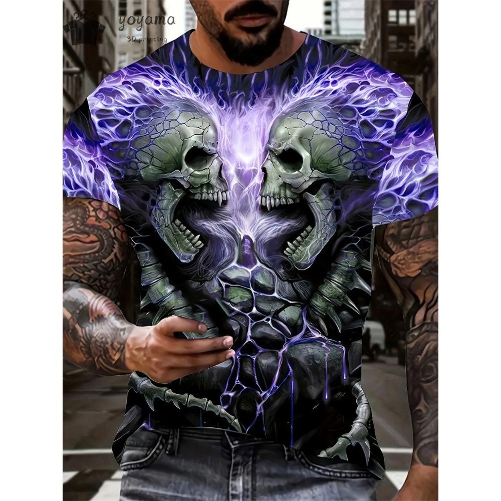 Skräckskalletryck för män T-shirt 3D-tryck Vintage o-halsad kortärmad mode överdimensionerade T-shirts Herr sommar streetkläder