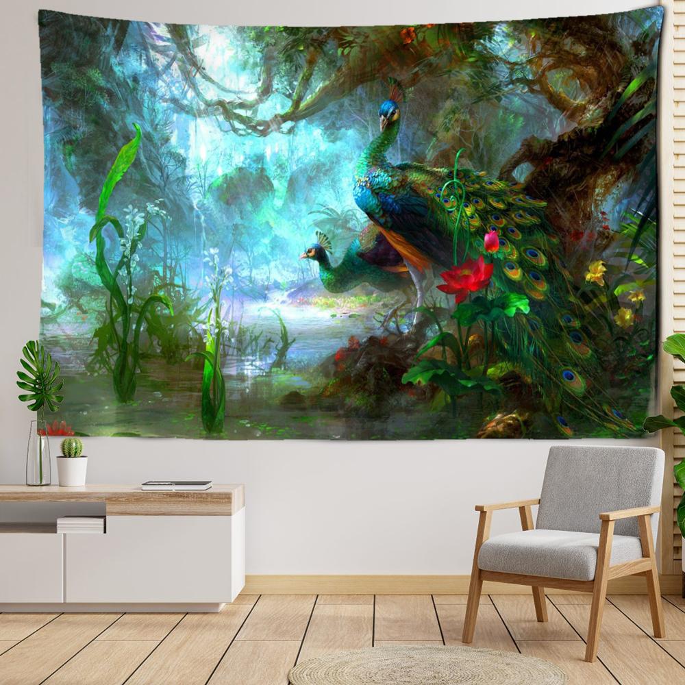 Tropischer Regenwald-Pfau-Wandteppich, Wandbehang, böhmischer Stil, Kunst, Landschaft, Tierästhetik, Zimmer, Wohnkultur